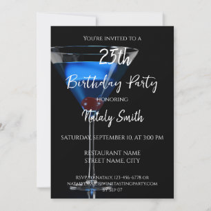 Blue cocktail on black invitation