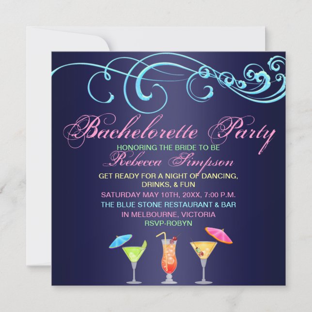 Blue Cocktail Time Bachelorette Party Invitation (Front)