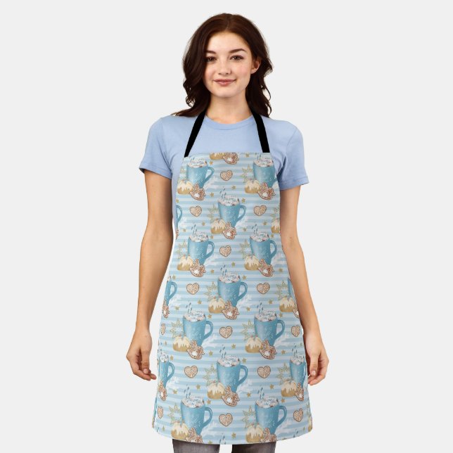Blue Cocoa & Gingerbread Cookie Pattern Apron (Worn)