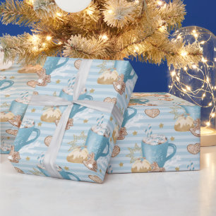 Blue Cocoa & Gingerbread Cookie Pattern Wrapping Paper