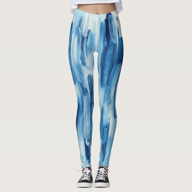 Blue cold brushstroke lines. Navy winter nautical Leggings (Front)