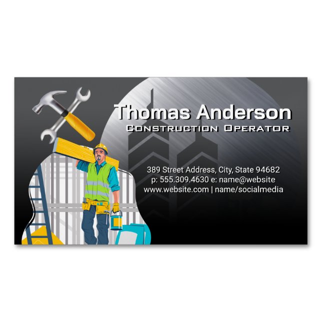Blue Collar Worker | Construction Tools Magnetic Business Card (Front)
