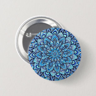 Blue Color Hand Drawn Mandala Design Pin Button