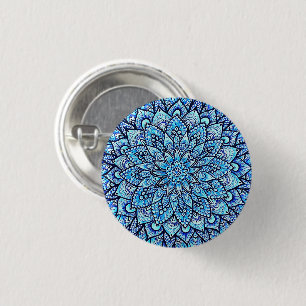 Blue Color Hand Drawn Mandala Design Pin Button