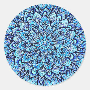 Blue Color Pencil Hand Drawn Mandala Design Classic Round Sticker