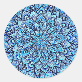 Blue Color Pencil Hand Drawn Mandala Design Classic Round Sticker