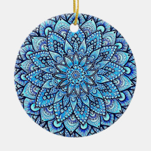 Blue Color Pencil Mandala Design Art Ceramic Tree Decoration
