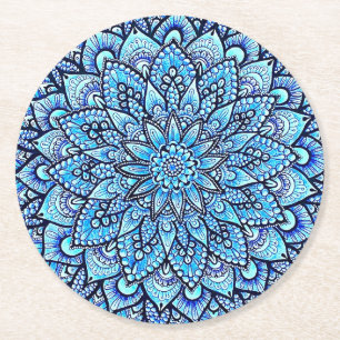 Blue Color Pencil Mandala Design Art Round Paper Coaster