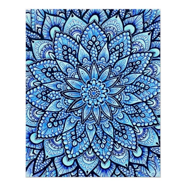 Blue Color Pencil Mandala Design Glossy Poster (Front)