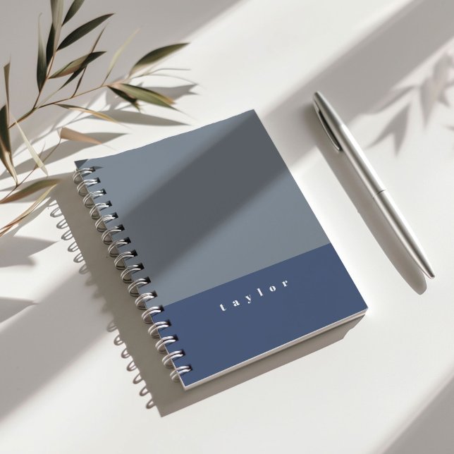 Blue Colour Block Custom Name Notebook (Dusty blue color block personalizable notebook.)