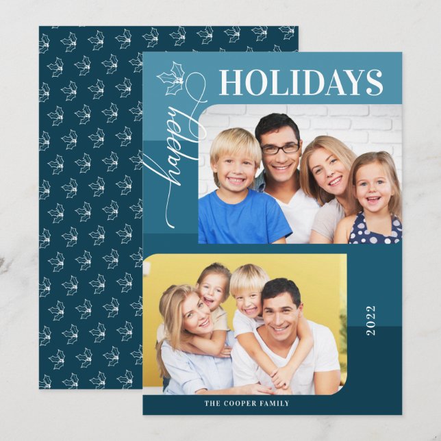 Blue Colour Block Happy Holidays 2 Photos Holiday Card (Front/Back)