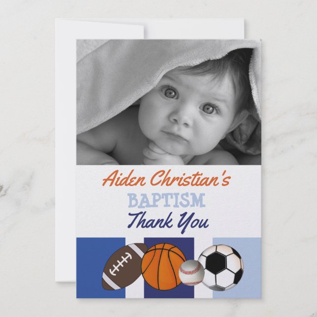 Blue Colour Block Sports Baptism Photo Thank You (Front)