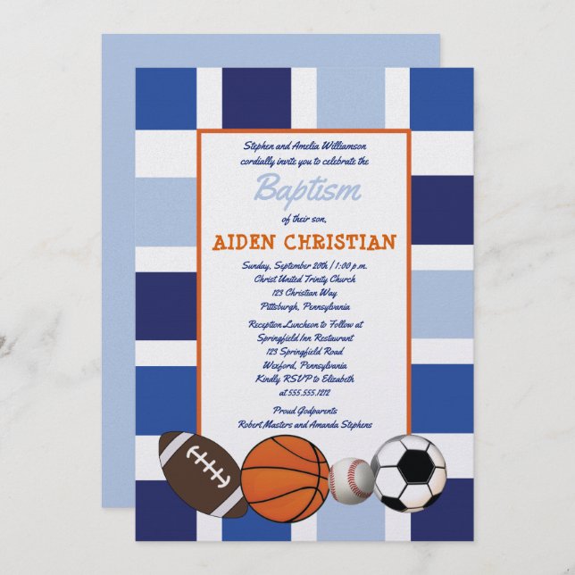 Blue Colour Block Sports Boy Baptism Invitation (Front/Back)