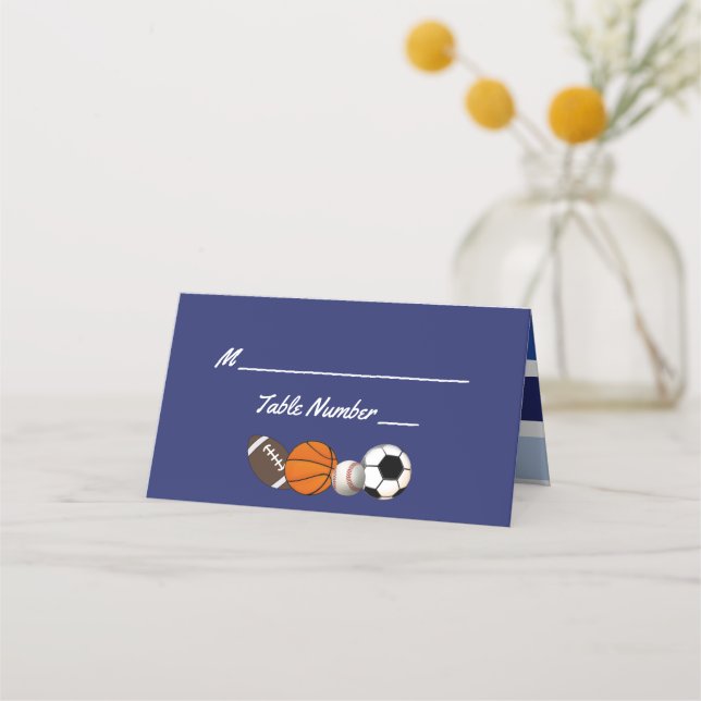Blue Colour Block Sports Party Place Cards (Front)