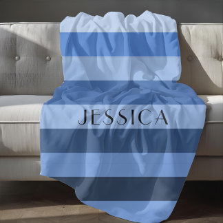 Blue Colour Block Stripes Pattern Name Print Fleece Blanket