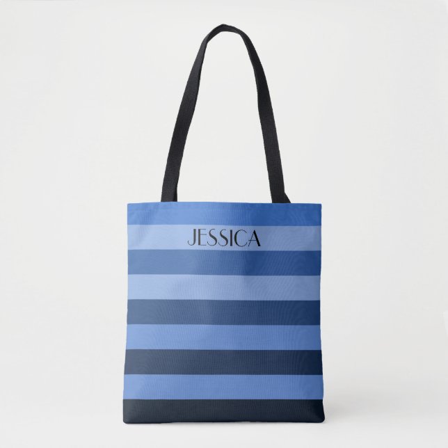 Blue Colour Block Stripes With Personalised Name Tote Bag (Front)