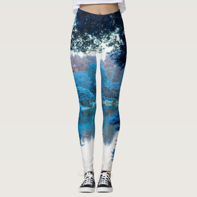 Blue colour effected cool, unique nature, lake leggings (Front)