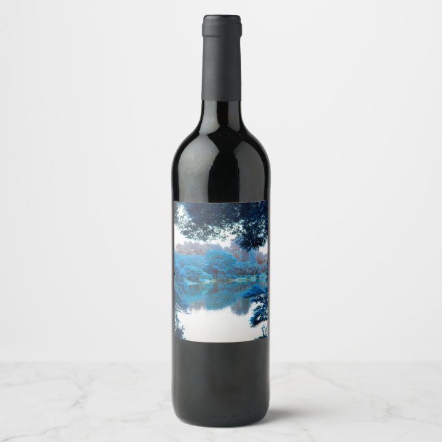Blue colour effected cool, unique nature, lake wine label (Front)