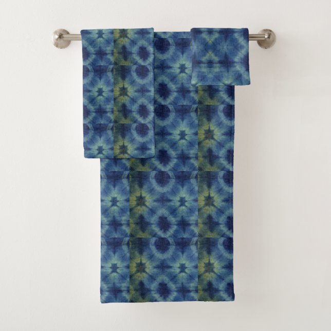 Blue Colour Mix Tie Dye Traditional Pattern Style Bath Towel Set (Insitu)
