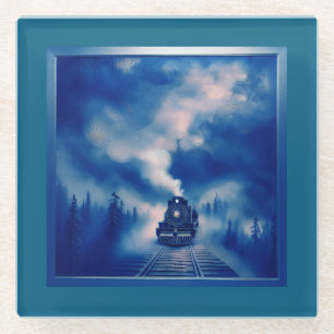 Blue Colour Scene With Old Steam Locomotive Glass Coaster