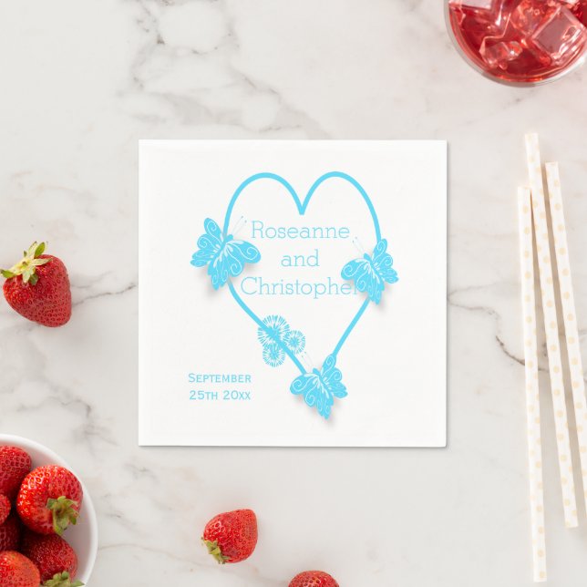 Blue Coloured Butterfly Heart Design Wedding Napkin (Insitu)