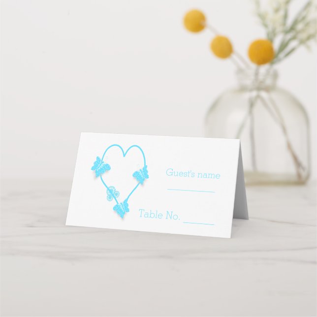 Blue Coloured Butterfly Heart Design Wedding Place Card (Front)