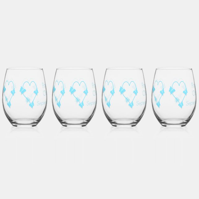 Blue Coloured Butterfly Heart Design Wedding Stemless Wine Glass (Front)