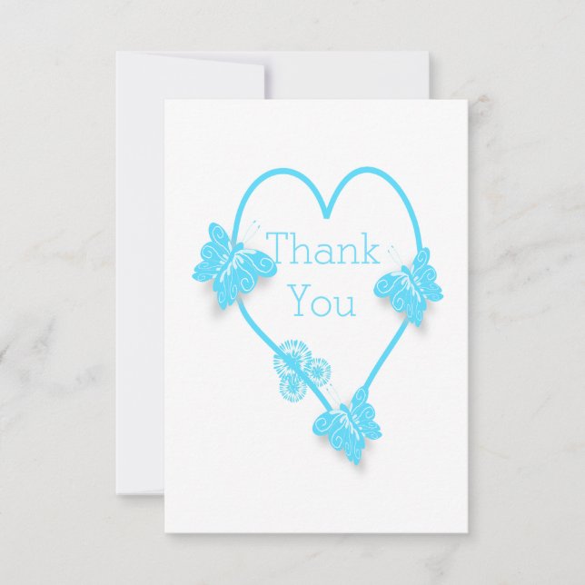 Blue Coloured Butterfly Heart Design Wedding Thank You Card (Front)