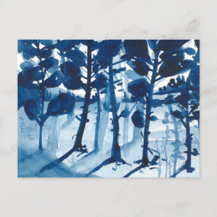 Blue coloured watercolor landscape, abstract tree holiday postcard