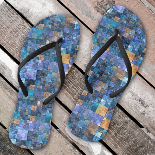 Blue Colourful Chequered Mosaic Flip Flops (Flip flops featuring a geometric mosaic Mediterranean tile pattern)