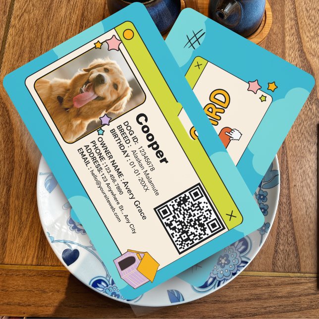 Blue & Colourful Dog ID Card with QR Code & Photo ID Badge (Stylish Blue & Colorful Minimalist Dog ID Card with QR Code & Photo – Playful Pet Safety Accessory)