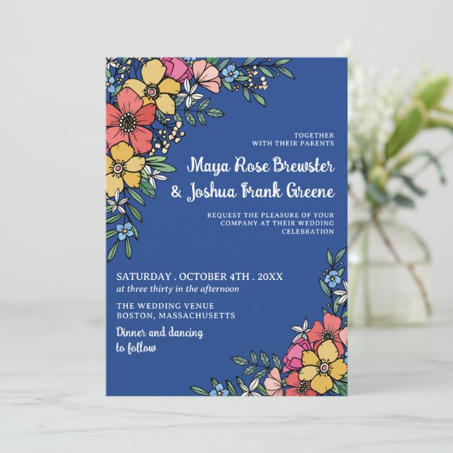 Blue Colourful Flowers Spring Summer Wedding Invitation (Standing Front)