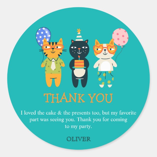Blue Colourful Funny Cat Birthday Thank You Gift   Classic Round Sticker (Front)