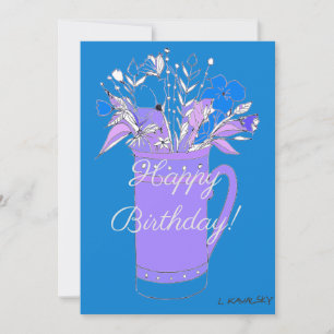 Blue Colourful Happy Birthday Flowers In Mug  Holiday Card