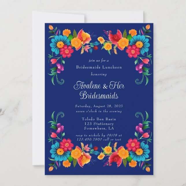 Blue Colourful Mexican Fiesta Bridesmaids Luncheon Invitation (Front)
