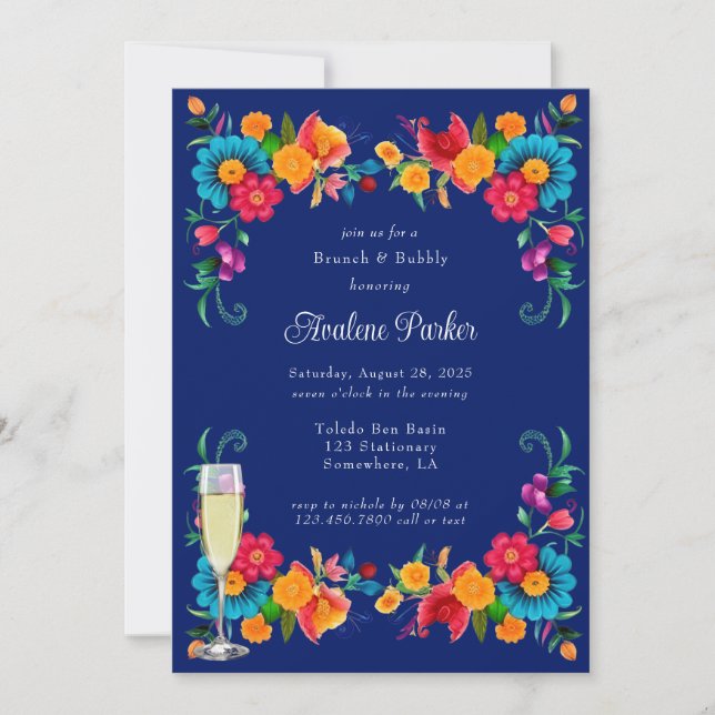 Blue Colourful Mexican Fiesta Brunch & Bubbly Invitation (Front)