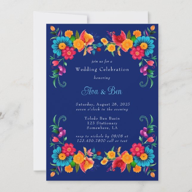 Blue Colourful Mexican Fiesta Wedding Celebration  Invitation (Front)