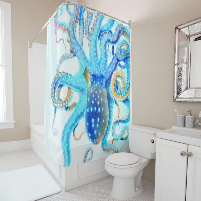Blue colourful Octopus Shower Curtain (In Situ)