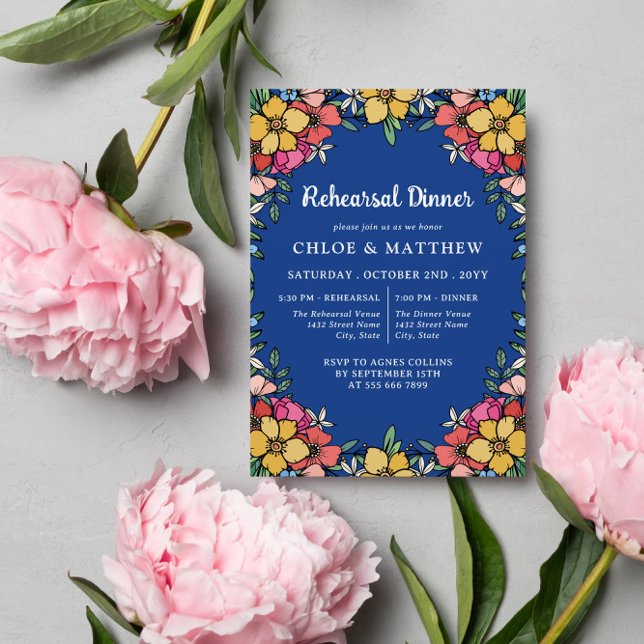 Blue Colourful Pink Flowers Rehearsal Dinner Invitation (Creator Uploaded)