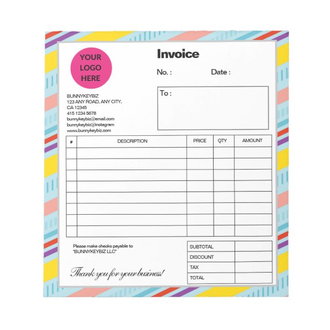 Blue Colourful Stripe Company Business Shop Invoic Notepad (Front)