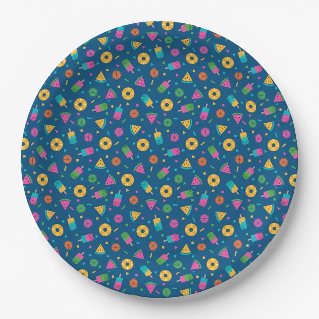 Blue colourful summer ice-cream pattern paper plate (Front)