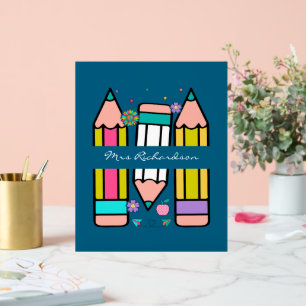 Blue Colourful Teacher Cartoon Pencil Poster