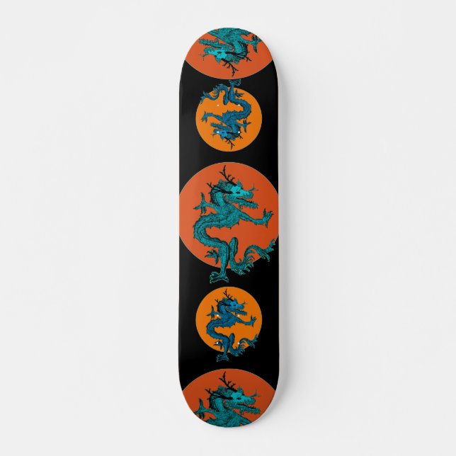 Blue Colourful Traditional Chinese Dragon in Moon Skateboard (Front)