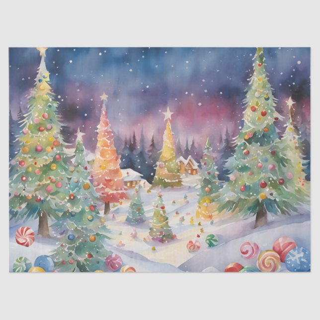 Blue Colourful Watercolor Decoupage Winter Scene Tissue Paper (Front)