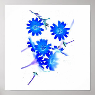 Blue colourized wild flowers scattered design poster