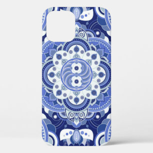 Blue colours vintage geometric pattern. Light indi iPhone 12 Case