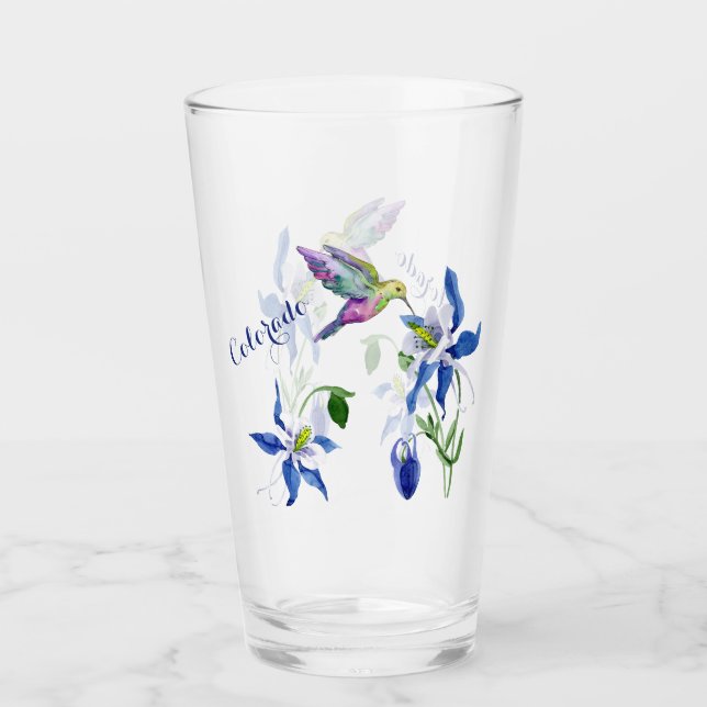 Blue Columbine Garden Hummingbird Glass (Front)