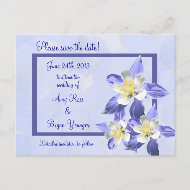 Blue Columbine Save the Date Wedding Postcard (Front)