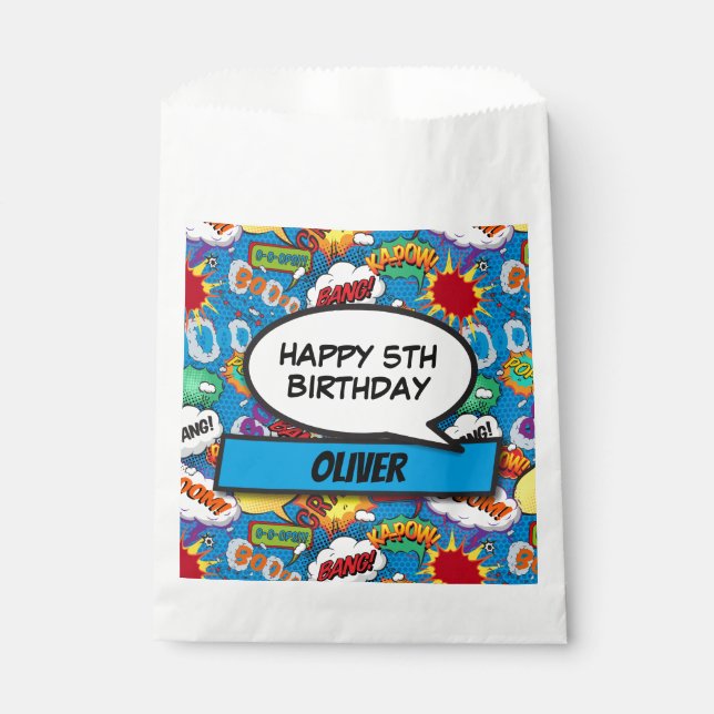 Blue Comic Book Superhero Birthday Party Favour Bags (Front)