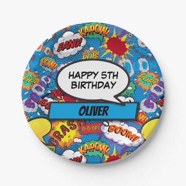 Blue Comic Book Superhero Birthday Party Paper Plate (Front)